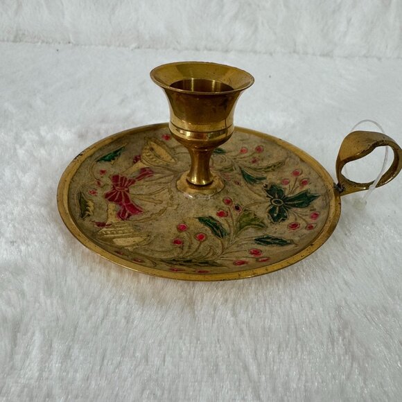 Vintage Enameled Cloisonne Brass Christmas Candlestick Candle Holder Made India - Picture 3 of 8
